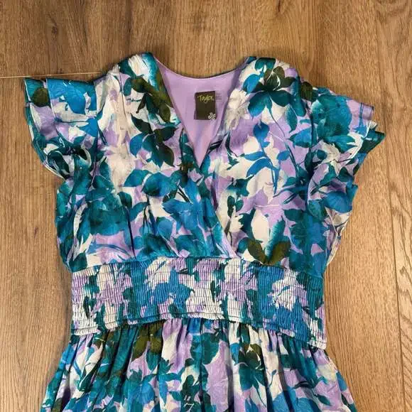 Taylor Blue Floral Jacquard Maxi Dress Size 12 Flutter Sleeve V-Neck - Picture 3 of 9